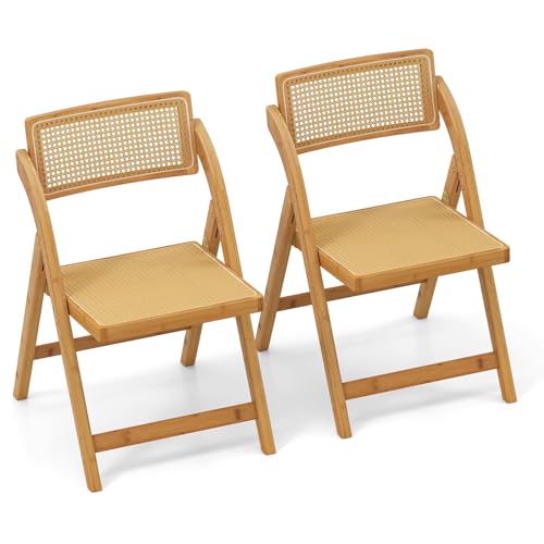 FANTASK Esszimmerstühle klappbar mit 360° drehbarer Rückenlehne, 2er Set Küchenstuhl, Klappstühle Ratta aus Bambus für Esszimmer & Garten, im Boho-Stil, bis 150 kg von FANTASK