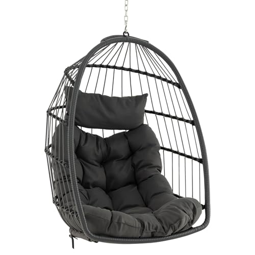 FANTASK Faltbarer Hängekorb Hängesessel aus PE-Rattan mit weichem Kissen, Hängesitz mit Hängezubehör & Hängeschaukel, Sessel, Hängestuhl für Indoor und Outdoor (Grau) von FANTASK