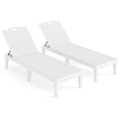 FANTASK Gartenliege, Balkonliege, Terrassenliege Kunststoff mit Verstellbarer Rückenlehne, 2er Set wetterfeste Liegestuhl, Sonnenliege bis 160 kg belastbar für Garten & Terrasse (Weiß) von FANTASK