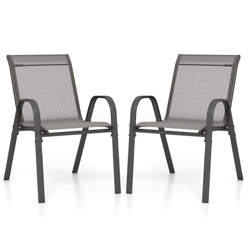 FANTASK Gartenstühle stapelbar aus Textilene, Armlehnenund & Metallgestell, 2er Set Balkonstühle, Stapelstühle, Terrassenstühle bis 150 kg belastbar, 56 x 70 x 84 cm, Grau von FANTASK