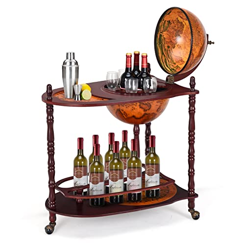 FANTASK Globusbar mit 3 Rollen, Vintage Barwagen mit Weltkugel, Minibar Massivholz, Mobile Cocktailbar für Küche, Bar, Wohnzimmer (Ø33 x 88 cm) von FANTASK