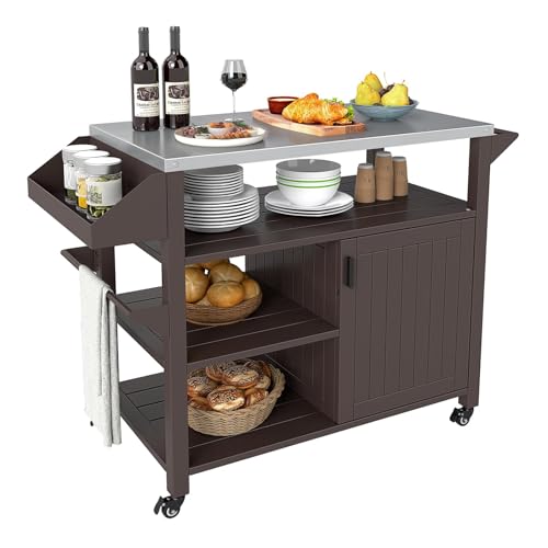 FANTASK Grillwagen Outdoor, Beistelltisch, Servierwagen, Grilltisch auf Rollen mit Edelstahlarbeitstisch (Schwarz) von FANTASK
