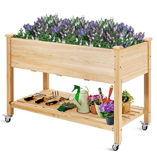 FANTASK Hochbeet mit Ablage & Rollen, Erhöhtes Gartenbeet aus Holz, Pflanzkasten mit feststellbaren Rädern & Abdeckfolie, Natur von FANTASK