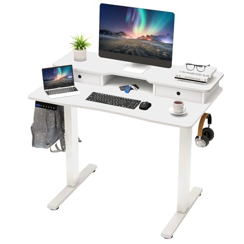 FANTASK Höhenverstellbarer Schreibtisch, 100 x 60 cm, Elektrischer Stehtisch mit Monitorständer, Schubladen, Ablagen & 2 Haken, Computertisch für Zuhause & Büro (Weiß) von FANTASK