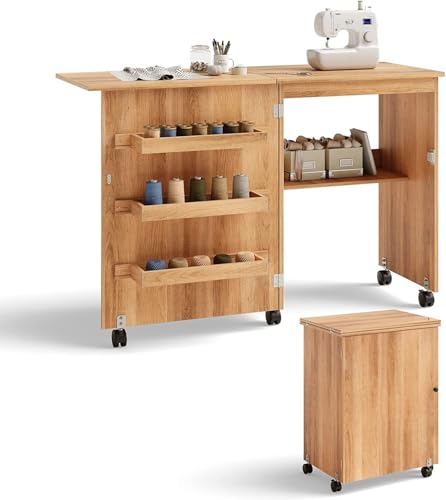 FANTASK Holz Nähschrank & Schreibtisch klappbar, Natur Nähtisch mit 3 Einlegeböden für Spulen, Nähtisch für Wohnzimmer und Schlafzimmer mit feststellbare Rollen von FANTASK