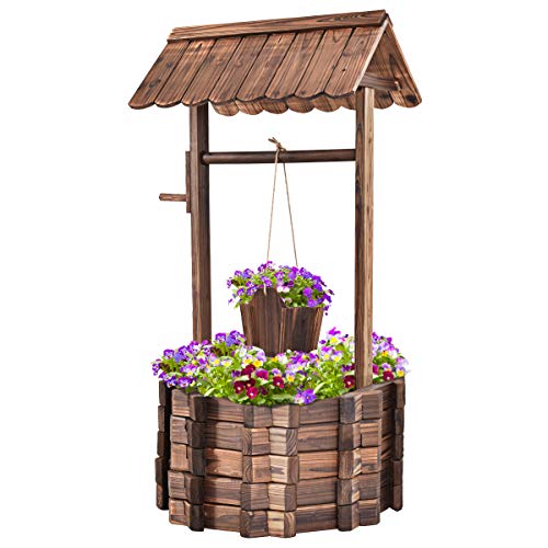 FANTASK Holz Wunschbrunnen mit Dach & hängendem Eimer, Blumenkübel Dekobrunnen Blumentopf aus Natürliche Kiefer, Garten Dekoration Outdoor 56x56x114cm, Natur von FANTASK