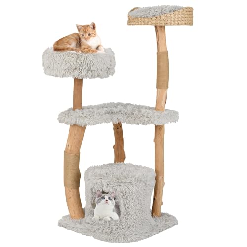 FANTASK Katzenmöbel Massivholz mit Katzenhöhle & Plüschsitzfläche & Sitzplattform, 124cm Kletterbaum Katzen mit Kratzpfosten aus Jute (Grau) von FANTASK