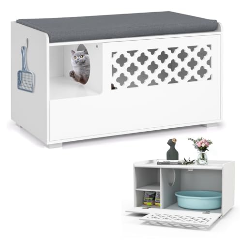 FANTASK Katzenschrank für Katzentoilette, Katzenklo Schrank Katzenmöbel, 4 in 1 Katzenhaus mit Eingang, Haken & abnehmbarem Kissen, Katzenhöhle Beistelltisch Schuhbank für Katzen & Hunde Haustier Weiß FANTASK Katzenschrank für Katzentoilette, Katzenklo Schrank Katzenmöbel, 4 in 1 Katzenhaus mit Eingang, Haken & abnehmbarem Kissen, Katzenhöhle Beistelltisch Schuhbank für Katzen & Hunde Haustier Weiß von FANTASK