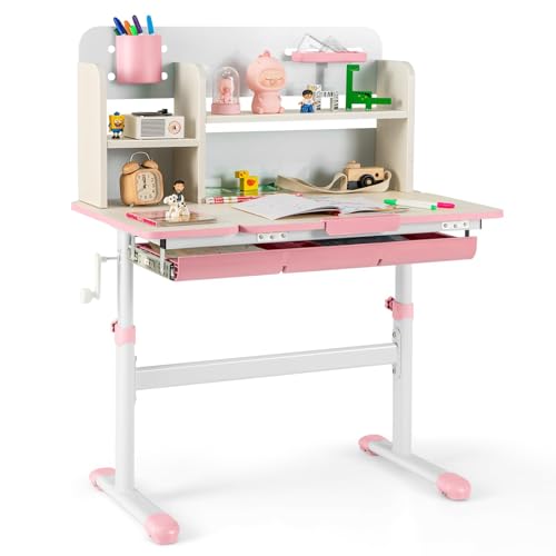 FANTASK Kinder Höhenverstellbarer Schreibtisch, Kinderschreibtisch mit neigbarer Tischplatte, Regalen & Schublade, Multifunktionaler Schülerschreibtisch für 3-12 Jahre Kinder (Rosa) von FANTASK