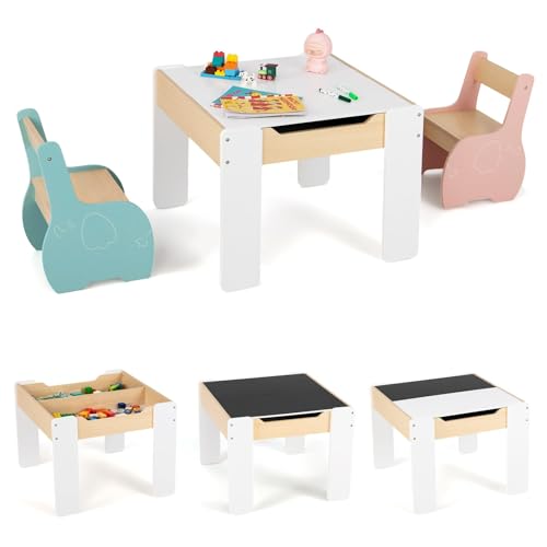 FANTASK Kinder Maltisch mit 2 Stühlen, 3 teilige Kindermöbel Sitzgruppe mit wendbarer & abnembarer Tischplatte (Bunt), 63,5 x 61,5 x 48 cm von FANTASK