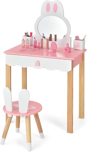 FANTASK Kinderfrisiertisch mit Hocker, Prinzessinnenfrisiertisch Schminktisch in rosa und weiß, Schminktisch mit Spiegelschubladen & Aufbewahrungsbox für Mädchen von FANTASK