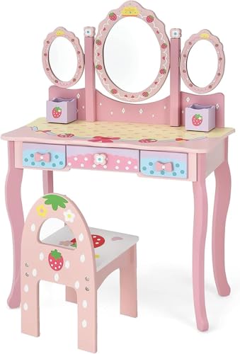 FANTASK Kinderschminktisch-Set mit Klappspiegel, rosa Prinzessinnenschminktisch mit Schminkhocker und 3 Schubladen, Schlafzimmerschminktisch Schminkschminktisch für Mädchen ab 3 Jahren von FANTASK