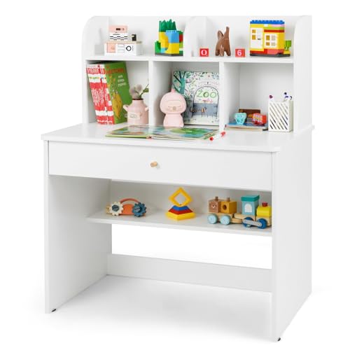 FANTASK Kinderschreibtisch, Jugendschreibtsich aus Holz, Schülerschreibtisch, Schreibtisch Kinder mit Schublade & Ablagefach, Kindertisch mit Stauraum für Kinder ab 3 Jahren, 80 x 48 x 102 cm (Weiß) von FANTASK