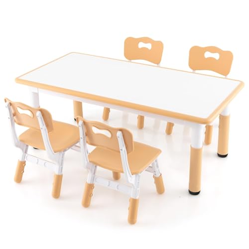 FANTASK Kindersitzgruppe Holz, Kindertisch höhenverstellbar mit Graffiti-Tischplatte, Kinder Maltisch Set mit 4 Stühlen, für Jungen Mädchen ab 18 Monaten, Natur von FANTASK