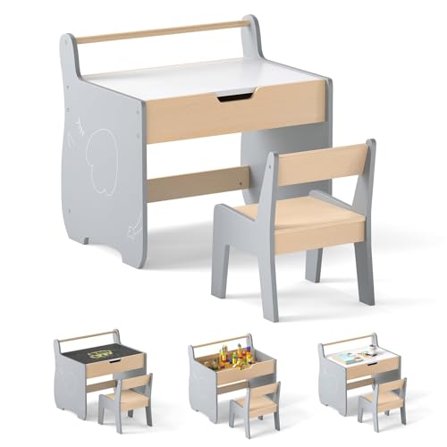 FANTASK Kindersitzgruppe aus Holz mit Stuhl, 3 in 1 Sitzgruppe mit wendbarer & abnembarer Tischplatte, Kindertisch mit Stauraum & Papierrollenhalter, Kinder Maltisch für Kinder ab 3 Jahren (Grau) von FANTASK