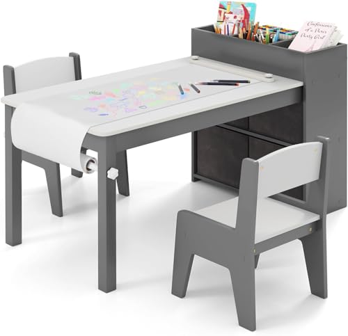 FANTASK Kindertisch mit 2 Stühlen, 2 in 1 Kindersitzgruppe aus Holz mit Stauraum, Grau von FANTASK