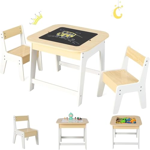 FANTASK Kindertisch mit 2 Stühlen, 3 TLG Kindersitzgruppe Holz mit Doppelseitiger Tischplatte, Natur+weiß von FANTASK