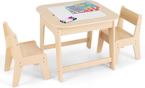 FANTASK Kindertisch mit 2 Stühlen, 3 TLG Kindersitzgruppe Holz mit Doppelseitiger Tischplatte, Natur von FANTASK
