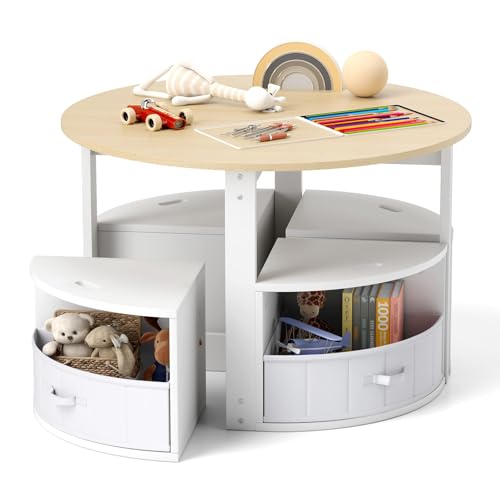 FANTASK Kindertisch mit 4 Stühlen, Kinder Tisch Stuhl Set inkl. Maltisch, 4 Stauraumhocker & 4 Stoffschubladen, Sitzgruppe platzsparend für Kinder ab 3 Jahren (Natur) von FANTASK