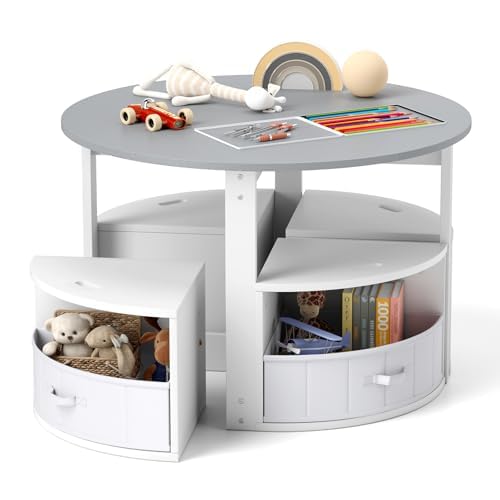 FANTASK Kindertisch mit 4 Stühlen rund, 5 teilige Kindersitzgruppe aus Holz mit 4 Stauraumhocker & 4 Stoffschubladen, Maltisch platzsparend für Kinderzimmer, Sitzgruppe (Grau) von FANTASK
