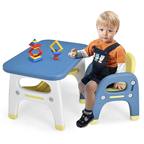 FANTASK Kindertisch mit Stuhl, Blau Kindersitzgruppe mit Dinosaurierdesign, Maltisch Basteltisch Kinder mit Bauklötze & Ablage, Kinder Tisch Stuhl Set für Kinder über 3 Jahren von FANTASK