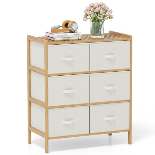 FANTASK Kommode Bambus, Schubladenschrank mit 6 faltbaren Stoffschubladen & oberem Regal, klein komodenschrank für Schlafzimmer, Flur, Natur von FANTASK