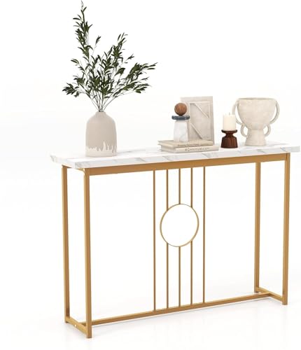 FANTASK Konsolentisch Marmor Optik, 120 x 30 x 80,5 cm Beistelltisch schmal mit Metallgestell & verstellbaren Fußpolstern, Flurtisch Sofatisch von FANTASK