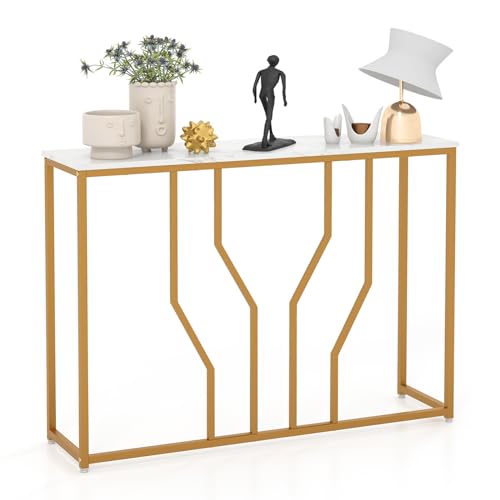 FANTASK Konsolentisch Marmor Optik,110 x 30 x 80 cm, Flurtisch mit geometrischem Metallrahmen, Eingangstisch schmal für Wohnzimmer, Flur, Eingang (Gold + Weiß) von FANTASK