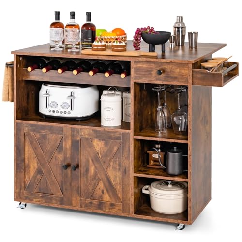 FANTASK Kücheninsel Rollbar mit klappbarer Arbeitsplatte & Gewürzregal, Küchenwagen Holz, Servierwagen auf Rolle, Kücheninselwagen mit Glashalter, Weinregal & Schublade für Küche & Esszimmer (Braun) von FANTASK