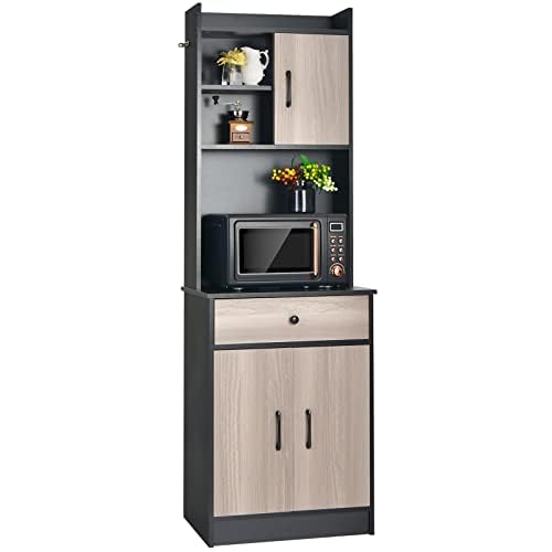 FANTASK Küchenschrank, Buffetschrank mit Schublade, verstellbare Einlegeböden und Kabelloch, großes offenes Raum für Mikrowelle, Schwarz von FANTASK