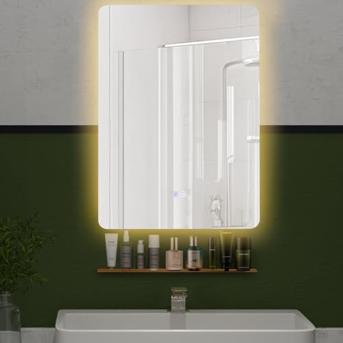 FANTASK LED Badspiegel mit Beleuchtung, Badezimmerspiegel dimmbar mit Touch Schalter & Memory Funktion, 3000K-6000K, Anti-Beschlag Wandspiegel rechteckig mit Ablage, 70L x 50B cm von FANTASK