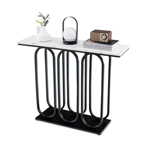 FANTASK Modern Konsolentisch, Eingangstisch mit Metallgestell, Konsolentisch schmal mit Marmoroptik für Wohnzimmer Flur Schlafzimmer Eingang, 100 x 30 x 80 cm (Weiß und Schwarz) von FANTASK