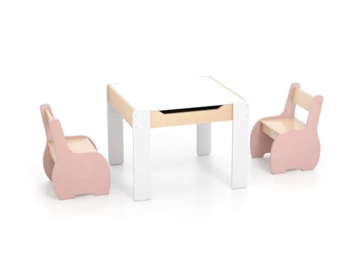 FANTASK Multifunktionales Kindertisch, Kindersitzgruppe mit doppelseitige Tischplatte und Stauraum, Kinder Maltisch Holz mit 2 Stühlen, Kindermöbel Sitzgruppe für Kinder ab 3 Jahren (Rosa) von FANTASK