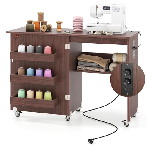 FANTASK Nähmaschinenschrank klappbar mit Ladestation, Nähschrank, Nähtisch aus Holz mit Regalen, 2 in 1 Nähmaschinentisch mit abschließbaren Rädern, Basteltisc für Schlafzimmer & Wohnzimmer (Kaffee) FANTASK Nähmaschinenschrank klappbar mit Ladestation, Nähschrank, Nähtisch aus Holz mit Regalen, 2 in 1 Nähmaschinentisch mit abschließbaren Rädern, Basteltisc für Schlafzimmer & Wohnzimmer (Kaffee) von FANTASK
