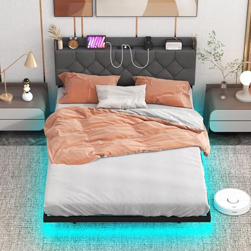 FANTASK Polsterbett mit Lattenrost & verstellbarem gepolstertem Kopfteil, Bettgestell mit LED Beleuchtung & Ladestation, Doppelbett, Bett, 140 x 200 cm von FANTASK