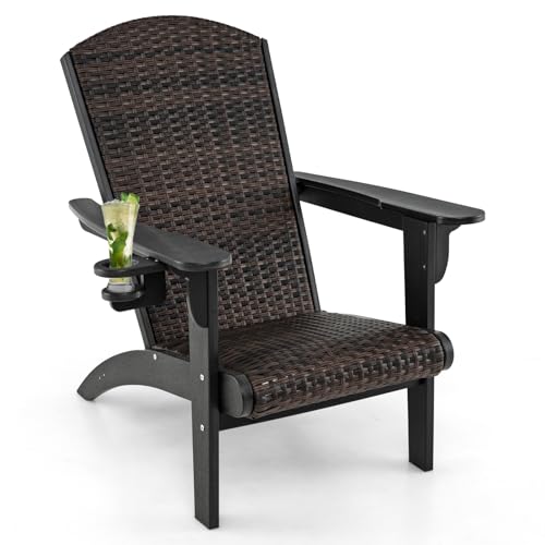 FANTASK Rattan Adirondack Stuhl Outdoor, Adirondack Chair mit Getränkehalter aus HDPE, Gartensessel mit gepolstertem Sitz und Rückenlehne(Schwarz) von FANTASK