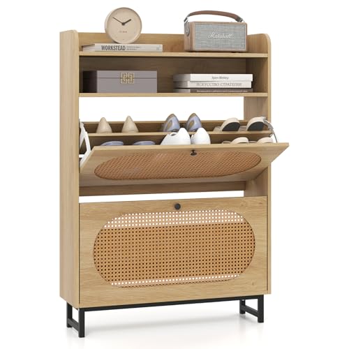 FANTASK Rattan Schuhschrank, 2 Klappen Freistehender Schuhkipper, Schuhaufbewahrung mit 2 Flip-Schubladen für Diele, Flur, Wohnzimmer, 80 x 24 x 115 cm FANTASK Rattan Schuhschrank, 2 Klappen Freistehender Schuhkipper, Schuhaufbewahrung mit 2 Flip-Schubladen für Diele, Flur, Wohnzimmer, 80 x 24 x 115 cm von FANTASK