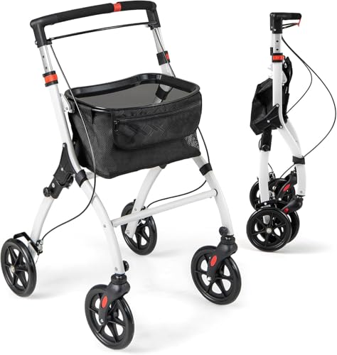 FANTASK Rollator Schmal für Wohnung, 5-Fach höhenverstellbarIndoor Wohnungsrollator, faltbar und leicht, inkl. Tablett, Korb, 4 Rädern & Bremsen von FANTASK