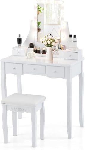 FANTASK Schminktisch mit 360° drehbarem Spiegel, Frisiertisch LED-Beleuchtung einstellbare Helligkeit, Kosmetiktisch mit 5 Schubladen & Hocker in weiß von FANTASK