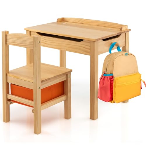 FANTASK Schreibtisch Kinder mit Stuhl aus Massivholz, Aufklappbare Kindersitzgruppe mit klappbarer Tischplatte, Schublade & Haken, Aktivitätstisch Kindersitzgruppe für Kinder ab 3 Jahren (Natur) von FANTASK