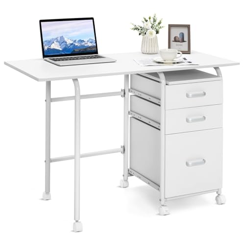 FANTASK Schreibtisch mit 3 Schubladen und Rollen, platzsparender Klappschreibtisch, Klappbarer Bürotisch mit Metallrahmen, Computertisch für kleine Räume, 105 x 50 x 75 cm (Weiß) von FANTASK