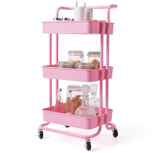 FANTASK Servierwagen auf Rollen, mobiler Wagen mit 3 Ebenen & Griff, Rollwagen aus Metall, 3 Gitterkörbe aus Kunststoff, Küchenrollwagen Badwagen Allzweckwagen, für Bad Küche Wohnzimmer (Rosa) von FANTASK