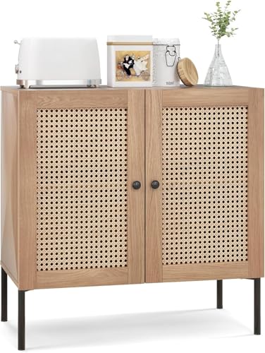 FANTASK Sideboard mit 2 Rattantüren, Küchenschrank aus Holz in Eiche, Buffetschrank Kommode industriell für Küche, Küchenschrank mit Arbeitsplatte & verstellbaren Regalen, Esszimmer, 80 x 40 x 80cm von FANTASK