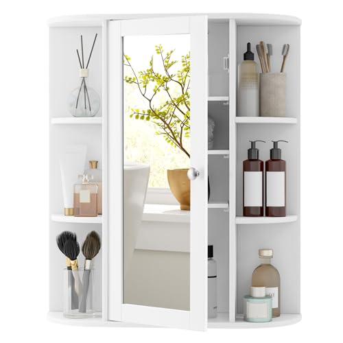 FANTASK Spiegelschrank Holz, Hängeschrank Bad mit Ablagen, Schminkschrank mit Spiegel für Badzimmer, 60 x 16,5 x 70 cm (Weiß) von FANTASK