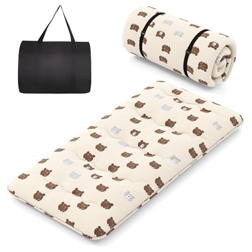 FANTASK Tatami-Matte mit waschbarem Bezug, Japanische Futon Matratze, Faltbare Bodenmatratze, Klappmatratze mit Tragetasche, 90 x 200 cm (Braunbär) von FANTASK