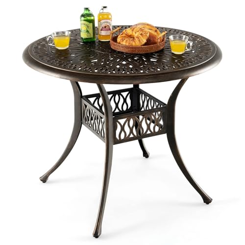 FANTASK Terrassentisch mit Schirmloch, wetterfester runde Esstisch, Gartentisch aus Aluminiumguss, 90 x 90 x 74 cm, Antikbraun von FANTASK