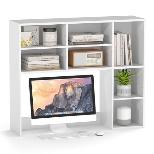 FANTASK Tischregal mit 7 Fächern, Bücherregal, Schreibtisch Aufsatzregal für Monitore bis zu 27", Aufbewahrungsorganizer, Schreibtischregal für Arbeitsplatte, 94 x 25 x 79 cm (Weiß) von FANTASK