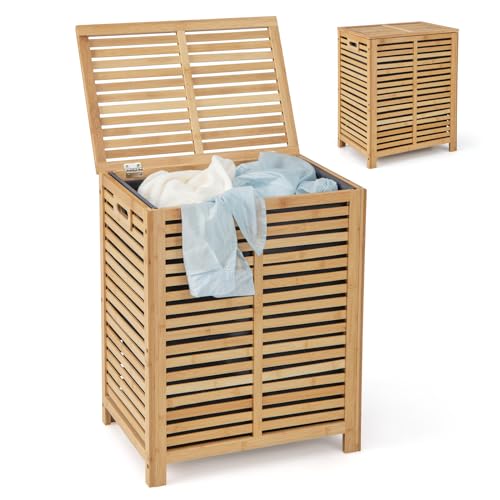 FANTASK Wäschekorb mit Deckel Groß, 80L Wäschesammler Bambus, Wäschebox mit Wäschesack herausnehmbar & waschbar, Wäschetruhe wäscheschrank für Bad, Schlafzimmer, Wohnzimmer von FANTASK