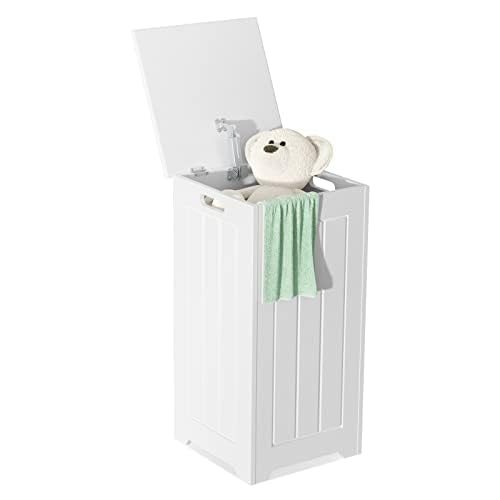 FANTASK Wäschesammler freistehend, Wäschetruhe Holz, Wäscheschrank mit Deckel, Lagerschrank Badezimmer, Weiß von FANTASK