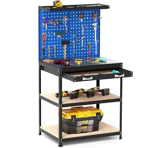 FANTASK Werktisch Werkzeugbank, 225 kg Tragkraft Arbeitstisch mit regalen & 20 Hängehaken & Lochwand & Schubladen, Werkbank für Garage, Werkstatt & Haus, 81x41x156 cm (Blau) von FANTASK
